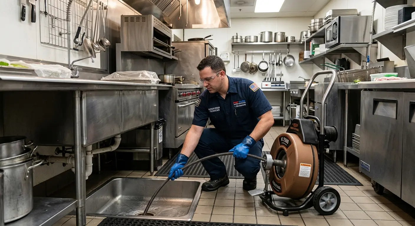 Commercial drain cleaning service in a restaurant kitchen in Walnut Park