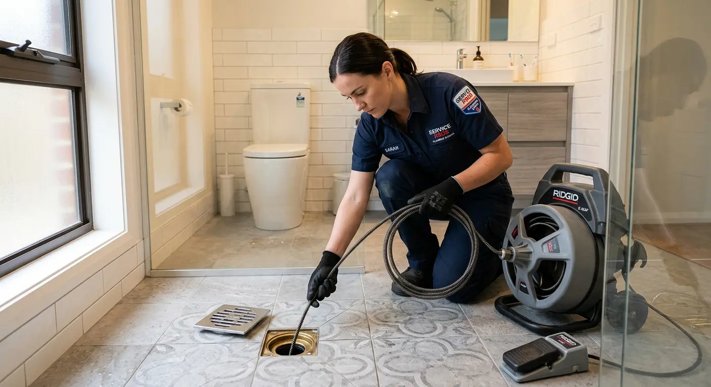 Technician clearing a bathroom floor drain for Clogged Drain Repair in Walnut Park